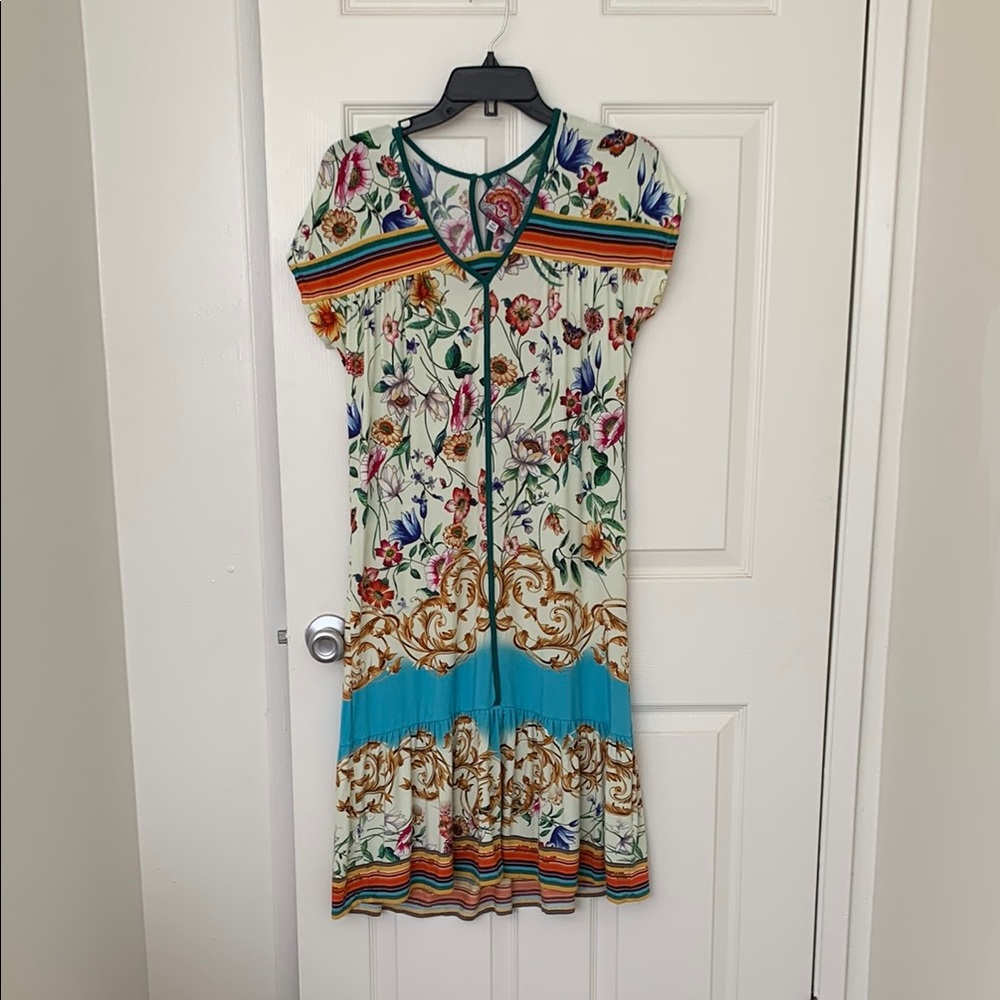 Johnny Was Green and Blue Midi Sundress with V-Neck and Flutter Sleeves